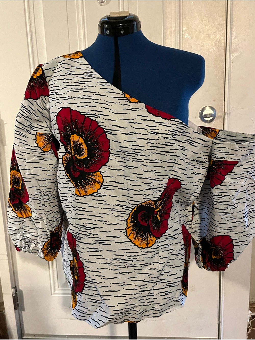 Women’s One-Shoulder Floral Print Blouse | Red & Gold Flower Print, Long Sleeve